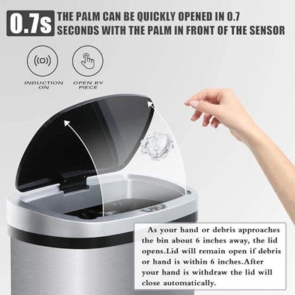 13 Gallon Trash Can with Lid, Automatic Kitchen Trash Cans 50 L Motion Sensor Garbage Can, Brushed Stainless Steel TrashCan for Home Office Bathroom, Sliver