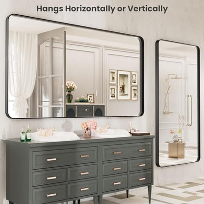 LOAAO Black Metal Framed Bathroom Mirror for Wall, Large 55X30 Inch Rounded Rectangle Mirror, Matte Black Bathroom Vanity Mirror Farmhouse, Anti-Rust, Tempered Glass, Hangs Horizontally or Vertically | Rounded Rectangle, Matte Black Bathroom Vanity Mirror