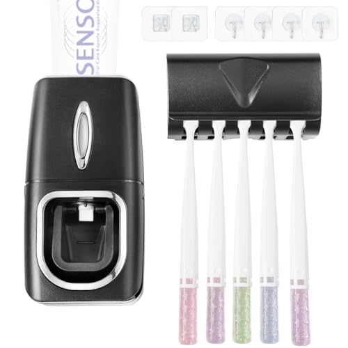 Toothbrush Holder and Toothpaste Dispenser Set | Automatic Toothpaste Squeezer Dispenser, Dispenser Toothpaste Squeezer Kit, Wall Mounted Bathroom Accessories (Black) - color: Black