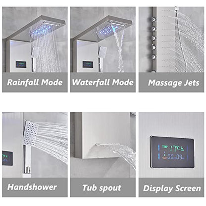 Split Shower Panel Tower System, Stainless Steel 5 in 1 Shower Column with LED Rainfall Waterfall Shower Head, Water Temperature Display and Body Jets,Brushed - color: Brushed