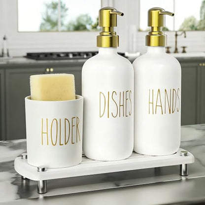 Cisily Kitchen Soap Dispenser Set Comes with Ceramics Sponge Holder, Gold Pumps, and Instant Dry Tray, Hand and Dish Soap Dispenser Set (4, Gold + White + Brush Holder) - color: Gold + White + Brush Holder