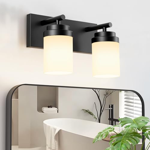 IZORRO Bathroom Vanity Light Fixture, 2-Light 15 Inch Matte Black Bathroom Light Fixtures Over Mirror, with White Glass Shade, Modern Farmhouse Vanity Lights, Rustic Restroom Lighting Fixtures - color: Black-White Glass Shade, size: 15 inch-2-Light