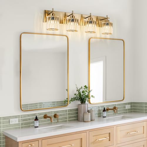 Modern Crystal Bathroom Vanity Lights, Gold 4-Lights Bathroom Light Fixtures Over Mirror, Crystal Wall Lighting with Polished Gold Finish - color: Gold-Round Shade, size: 4-Light