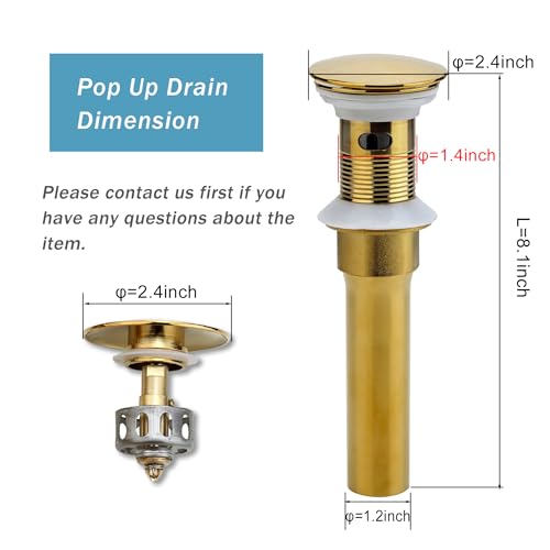 Rockgoya Bathroom Sink Drain, 5 Pack Gold Drain Stopper Bathroom Sink with Overflow, Pop Up Drain Assembly with Detachable Strainer Basket, Built-in Anti-Clogging Strainer,Stainless Steel - color: Gold-5 Pack, style: With Overflow