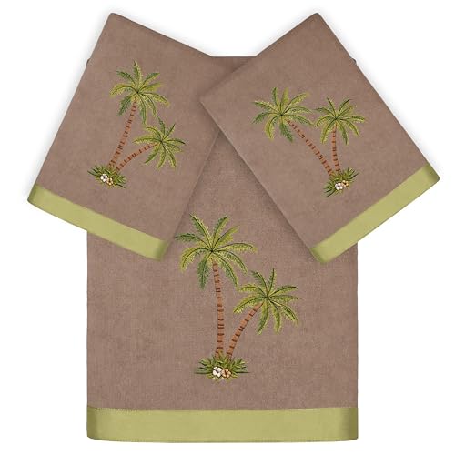 Flourish 3-Piece Towel Set, Embroidered Palm Tree Design, 100% Turkish Cotton, Super Absorbent & Luxurious, Tropical Bathroom Decor, 1 Bath 2 Hand Towels, Cocoa - color: Cocoa, size: 1 Pc Bath 2 Pcs Hand Towel