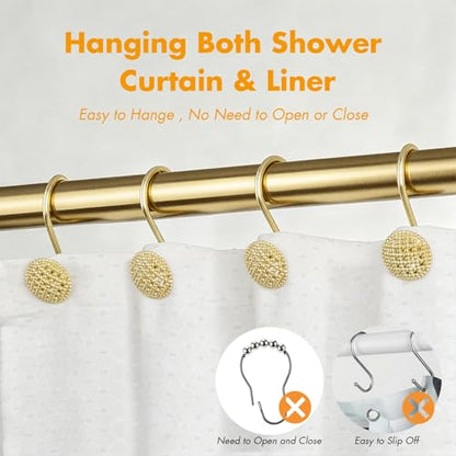 Pearlbee Gold Shower Curtain Hooks, 12Pcs Rustproof Heavy Duty Zinc Alloy | Round beaded design, 4mm zinc alloy, rustproof, anti-drop, smooth glide, easy install, Modern Decorative, matte gold - color: Gold