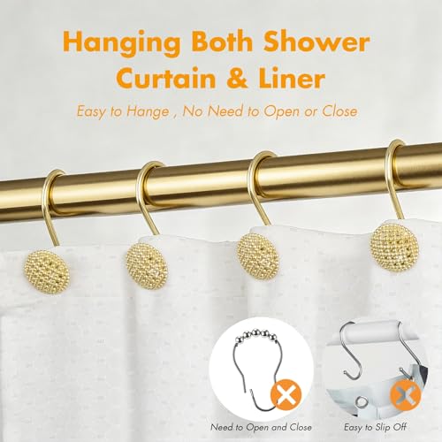 Pearlbee Gold Shower Curtain Hooks, 12Pcs Rustproof Heavy Duty Zinc Alloy | Round beaded design, 4mm zinc alloy, rustproof, anti-drop, smooth glide, easy install, Modern Decorative, matte gold - color: Gold