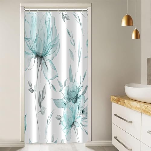 Teal Grey Watercolor Floral Shower Curtain, Flower Leaves Minimalist Aesthetic Art Shower Curtains for Bathroom Sets Decor, Waterproof Polyester Cloth Fabric with 12 Hooks,36x72 Inch - color: Teal, size: 36"W x 72"L (Pack of 1)