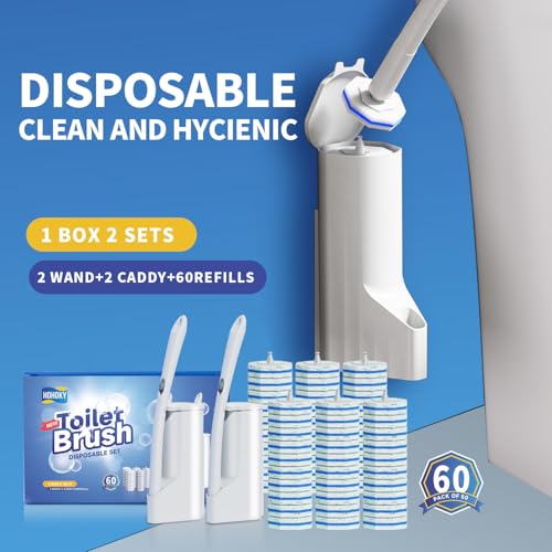 Hohoky Disposable Toilet Brush Cleaning System, Two Sets of Wands and 60p Refills Pads Replacement Heads, Wall Mounted Toliet Stick Starter Kit Bathroom Maintenance, Toilet Bowl Cleaner Holder