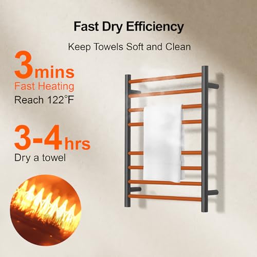 (1 Pack Yariwiz) Electric Towel Warmer for Bathroom Wall Mounted Drying Rack Plug-in Electric Heated Towel Rack Stainless Steel Round 8 Bars Bath Towel Heater Black - size: Size 2