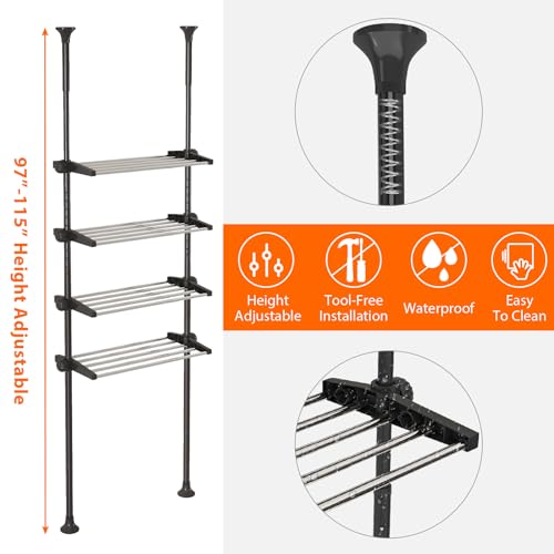 4-Tier Over The Toilet Storage Shelf, 4.5-9.5 FT Adjustable Bathroom Organizer, Heavy Duty Metal Shelves Above Behind Toilet Laundry, Space-Saving Shelving for Small Rooms, No Drill Tenant Friendly - color: Black