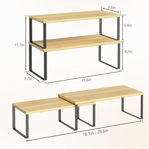 NEX Kitchen Cabinet and Counter Shelf Organizer, Stackable & Expandable, Set of 4, Black and Natural - 7.7 x 15.6 x 6.2'' - color: Black + Natural Beige, size: 15.6''W