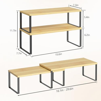 NEX Kitchen Cabinet and Counter Shelf Organizer, Stackable & Expandable, Set of 4, Black and Natural - 7.7 x 15.6 x 6.2'' - color: Black + Natural Beige, size: 15.6''W