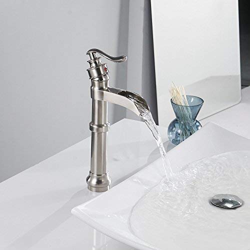 Bathroom Sink Faucet Brushed Nickel Vessel Sink Faucet | Waterfall Spout,Single Handle 1 Hole, Deck Mount ,Tall Faucet for Bowl Lavatory Sink,with Supply Hose - color: Brushed Nickel