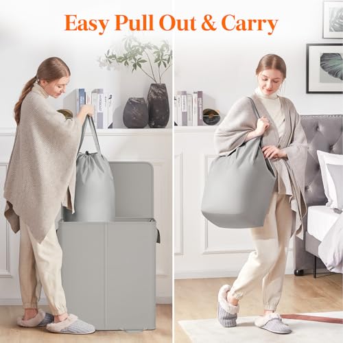 Lifewit Double Laundry Hamper with Lid and Removable Laundry Bags, Large Collapsible 2 Dividers Dirty Clothes Basket with Handles for Bedroom Laundry Room Closet Bathroom College, 155L Silver Gray - color: Silver Gray, size: 155L