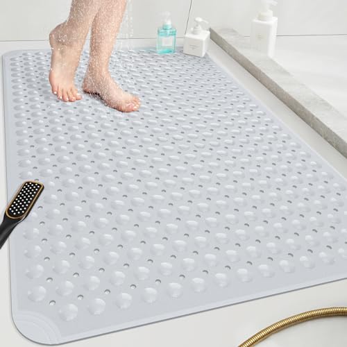 OTHWAY Extra Large Shower Mat 47"x 32", TPE Non Slip Shower Mat for Shower Stall, Inside Walk in Shower Mats with Drain Holes Suction Cups, Anti-Slip for Elderly (Light Grey) - color: Light Grey