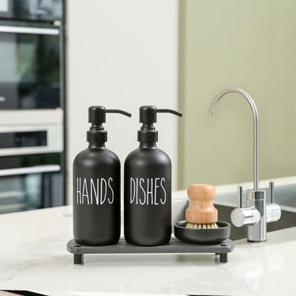 MOMEEMO Matte Black Soap Dispenser Set Comes with Stainless Steel Pumps | Instant Dry Tray and Dish Scrub Brush, Suitable for Matte Black Kitchen Accessories - color: Black1