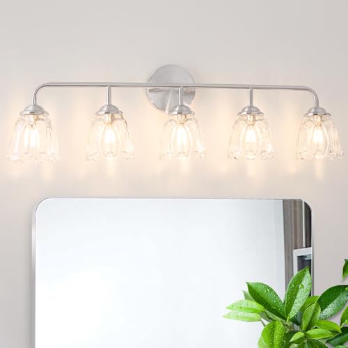 Daunton Vintage Vanity Light for Bathroom, Elegant Vanity Light with Flower Glass Shade, Brushed Nickel 5-Light Bathroom Lighting Fixtures Over Mirror, Wall Sconce Lighting for Bedroom, Living Room - color: Nickel, size: 31.5in