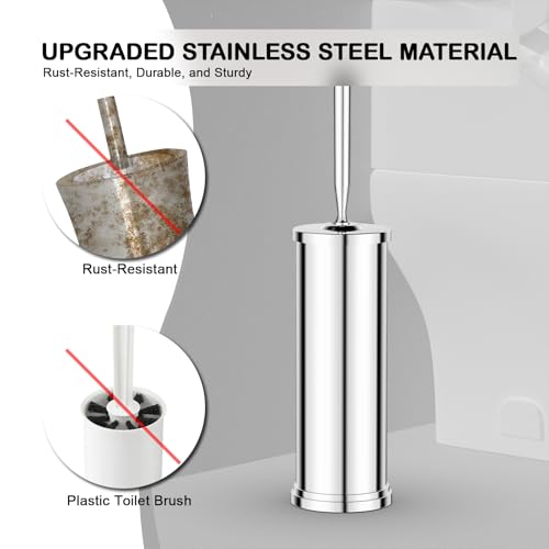 Stainless Steel Toilet Bowl Brush and Holder Set Scrubber Chrome | Weighted Stable Base Removable Inner Tube Toilet Bowl Brush Splash-Proof Design for Deep Cleaning Space Saving Storage - color: Chrome