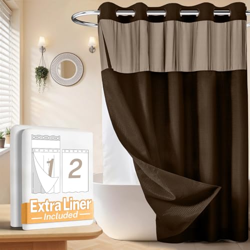 River Dream No Hooks Shower Curtain with 2 Snap in Liner, Brown, 71Wx74H | Waffle Weave, 1 Attached Snap in Liner and 1 Extra Replacement Liner, Bathroom Curtains Shower Set, Hotel Grade, Spa Like - color: Brown