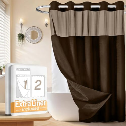 River Dream No Hooks Shower Curtain with 2 Snap in Liner, Brown, 71Wx74H | Waffle Weave, 1 Attached Snap in Liner and 1 Extra Replacement Liner, Bathroom Curtains Shower Set, Hotel Grade, Spa Like - color: Brown