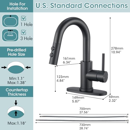 Black Bathroom Faucet with Pull Down Sprayer, 2 Flow Modes | Modern Stainless Steel Bathroom Sink Faucet with Pop-up Drain and Hoses, RV & Outdoor Basins, for 1 or 3 Hole - color: Matte Black