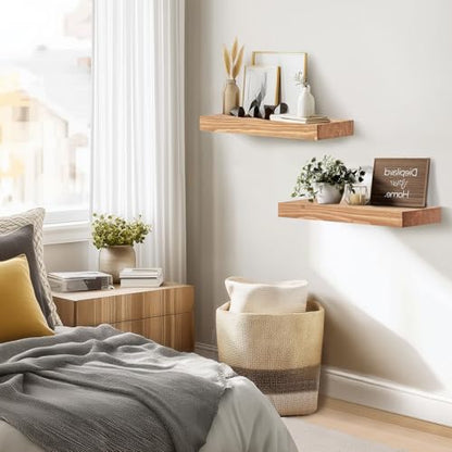 Solid Wood Floating Shelves, 17 Inch Wall Shelves, Set of 2, Oak | 8 Inch Deep, 1.6 Inch Thick, Extra-Wide Display Space, Mounting Hardware Included, For Kitchen, Bathroom and Living Room - color: Oak, size: 17x8x1.6