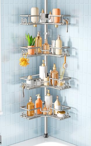 HAMITOR Corner Shower Shelves, 4-Tier Metal Tension Pole Caddy, Silver Gray | Rustproof Bathtub Organizer, No Drilling Standing Bathroom Storage, Apartment Essentials For Renters, 47.7-123.6in Adjustable - color: Siilver Gray