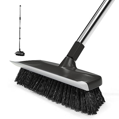 Floor Scrub Brush with 55" Long Handle, 10" Wide Stiff Bristles Deck Brush, Stainsless Steel Pole Heavy-Duty Cleaning Brush, 2-in-1 Scrubber with Ruber Squeegee for Deck, Patio, Pool, Tile, Wall