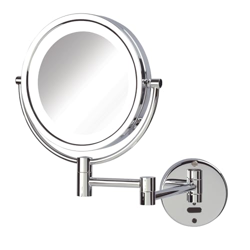 JERDON Lighted Wall-Mount Makeup Mirror - 8X - Chrome - JRT9500CL | Two-Sided Sensor Activation, 8.5" Round Frame, Swivel, 14" Wall Arm - color: Chrome