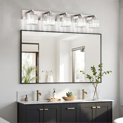 Aipsun Brushed Nickel Bathroom Lighting Fixtures 5 Light Vanity Light Crystal Modern Bathroom Vanity Light (Exclude Bulb) - color: Brushed Nickel, size: 40 inch
