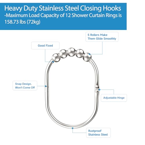 MENGJINGO 12PCS Wide Shower Curtain Hooks Rings, Rust Proof Stainless Steel | Heavy Duty Shower Hooks Rings for Bathroom Shower Rods Curtains Liners, Easy Glide Rollers, Set of 12, Bright Chrome - color: Bright Chrome