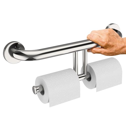 Chrome Grab Bar with Double Toilet Paper Roll Holder, Safety Toilet Bars | Stainless Steel Bathroom Grab Rail 17 Inch, Handicap Support Bar, Wall Mounted Assist Handle for Senior Elderly Injured - color: toilet paper grab bar - chrome, size: 17 inch
