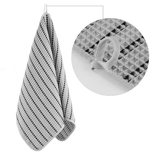 POLYTE 430 GSM Poly Blend Microfiber Quick Dry Waffle Hand Towel, 16x30 in | 4 Pack, Oversize, Lint Free, Quick Dry, Hanging Loop - color: Light Gray/Black