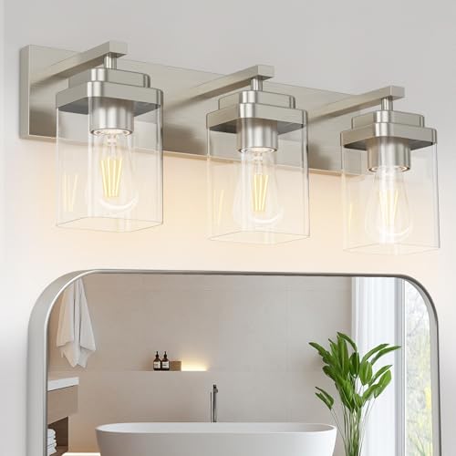 Brushed Nickel Bathroom Light Fixtures, 3 Lights Bathroom Lighting Fixtures Over Mirror, Square Design & Rectangle Large Backplate, Modern Vanity Lighting Fixtures, for Living Room/Bedroom - color: Brushed Nickel, size: 3-Light, 22" L