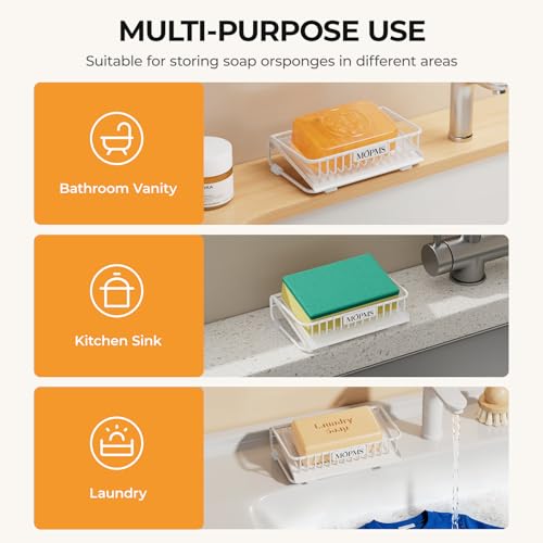 MOPMS Self Draining Soap Dish, Carbon Steel Bar Soap Holder for Shower | Waterfall Design Soap Saver for Bathroom, Kitchen Sink and Countertop, Sponges, Dispensers, White - color: White