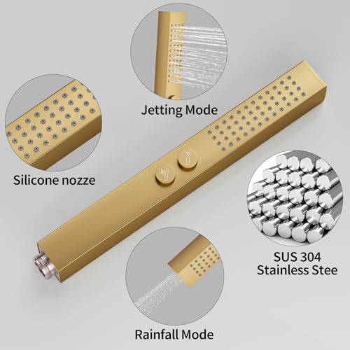 RUMOSE Rainfall Shower System with 4 Full Body Jet 4 Mode Shower Faucet Set | 12 Inch Rain Shower Head, 2 in 1 Handheld Spray, Brushed Gold Brass Shower Jet Shower Fixtures, Wall Mounted - color: Brushed Gold