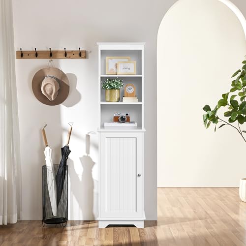 Yaheetech Tall Narrow Bathroom Storage Cabinet with Door and Shelves, White | Linen Closet for Towels, Toiletries and Laundry, Open Display Shelves, Hidden Adjustable Shelf, MDF, 60''H x 16''W x 12''D - style: 1 Door + 3 Open Compartments