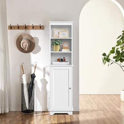 Yaheetech Tall Narrow Bathroom Storage Cabinet with Door and Shelves, White | Linen Closet for Towels, Toiletries and Laundry, Open Display Shelves, Hidden Adjustable Shelf, MDF, 60''H x 16''W x 12''D - style: 1 Door + 3 Open Compartments