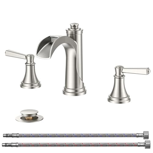 FORIOUS Brushed Nickel Bathroom Faucet Waterfall 3 Hole, 8 in Spread Faucet | Widespread Polished Nickel Faucet Bathroom 3 Hole for 4"-12" Sinks, Silver Bathroom Sink Faucet 3 Hole Vanity and Metal Drain - color: Brushed Silver