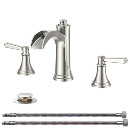 FORIOUS Brushed Nickel Bathroom Faucet Waterfall 3 Hole, 8 in Spread Faucet | Widespread Polished Nickel Faucet Bathroom 3 Hole for 4"-12" Sinks, Silver Bathroom Sink Faucet 3 Hole Vanity and Metal Drain - color: Brushed Silver