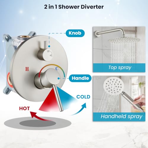 gotonovo High Pressure Shower System Valve and Trim Kit,Brushed Nickel | Round Rain 10 Inch Shower Head with Handheld Faucet Set Complete,Rough In Valve,2-in-1 Diverter,All Metal,Bathroom Wall Mount - color: Nickel