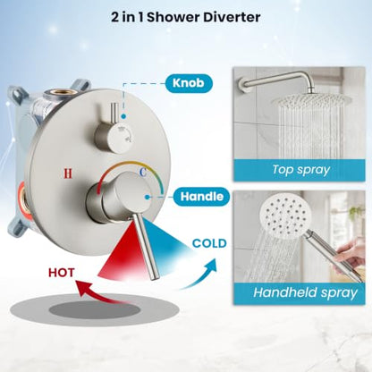 gotonovo High Pressure Shower System Valve and Trim Kit,Brushed Nickel | Round Rain 10 Inch Shower Head with Handheld Faucet Set Complete,Rough In Valve,2-in-1 Diverter,All Metal,Bathroom Wall Mount - color: Nickel
