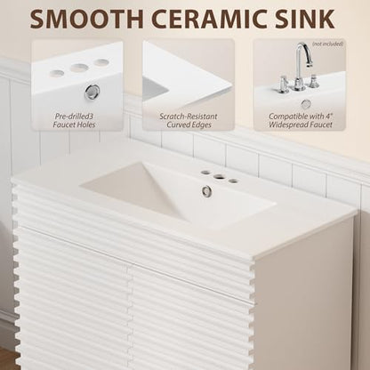 APRILSOUL 36" Bathroom Vanity with Ceramic Sink, Mid-Century Bathroom Vanity Cabinet with 2 Soft Closing Doors, Freestanding Bathroom Cabinet, Particleboard Frame with Wood Grain Laminate, White - color: White/ White Sink, size: 36 Inch