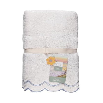 Peri Home 2 Piece Cotton Bath Towel Set, Embroidered, White, Blue Scallop - color: White With Blue Scallop, size: 2 Bath Towel
