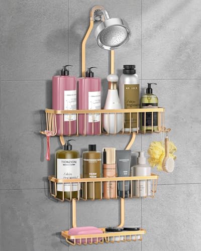 Shower Caddy Hanging - Never Rust Shower Hanging Organizer - Aluminum Over the ShowerHead Caddy with Soap Basket and 6 Razor/Sponge Hooks (Gold) - color: Gold