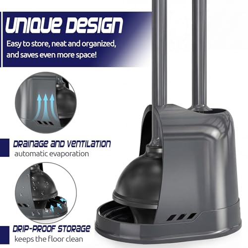 Reallnaive 4 Set Toilet Plunger and Brush Set with Ventilated Holder 2 in 1 Toilet Bowl Brush and Heavy Duty Plunger Combo Bathroom Cleaning Kit for Home and Commercial Bathrooms Drainage (Gray) - color: Gray