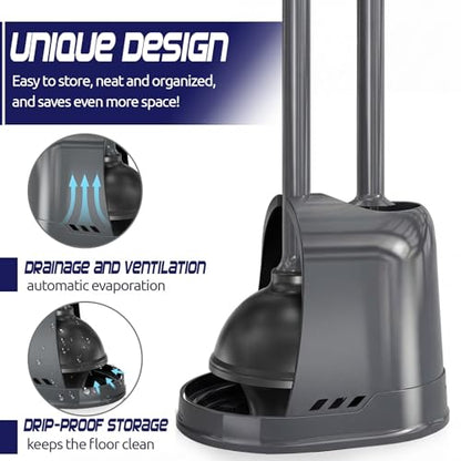 Reallnaive 4 Set Toilet Plunger and Brush Set with Ventilated Holder 2 in 1 Toilet Bowl Brush and Heavy Duty Plunger Combo Bathroom Cleaning Kit for Home and Commercial Bathrooms Drainage (Gray) - color: Gray
