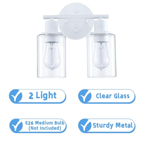 WISBEAM 2-Light Bathroom Vanity Light, White Bathroom Light Fixture with Clear Glass Shade Including E26 Medium Base, Bulb NOT Included, Vanity Light Over Mirror - color: White, size: VNT003