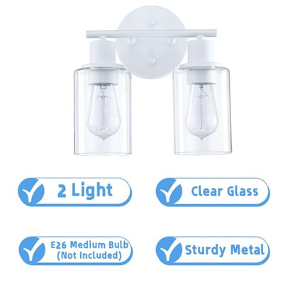 WISBEAM 2-Light Bathroom Vanity Light, White Bathroom Light Fixture with Clear Glass Shade Including E26 Medium Base, Bulb NOT Included, Vanity Light Over Mirror - color: White, size: VNT003